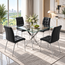 36 Inch Square Glass 5 Piece Dining Set with Slim Black Faux Leather Chairs Silver Base - Zemorn