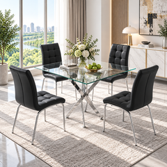 36 Inch Square Glass 5 Piece Dining Set with Slim Black Faux Leather Chairs Silver Base - Zemorn