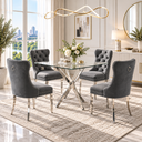 36 Inch Square Glass 5 Piece Dining Set with Gray Velvet Chairs Silver Base - Zemorn