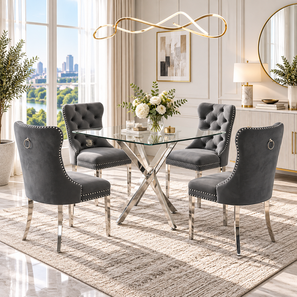36 Inch Square Glass 5 Piece Dining Set with Gray Velvet Chairs Silver Base - Zemorn