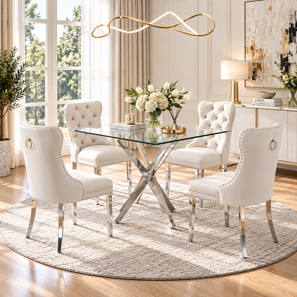36 Inch Square Glass 5 Piece Dining Set with White Velvet Chairs Silver Base - Zemorn