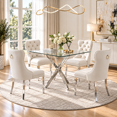 36 Inch Square Glass 5 Piece Dining Set with White Velvet Chairs Silver Base - Zemorn