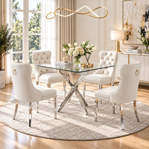36 Inch Square Glass 5 Piece Dining Set with White Velvet Chairs Silver Base - Zemorn