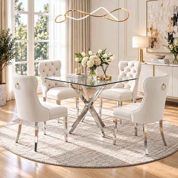 36 Inch Square Glass 5 Piece Dining Set with White Velvet Chairs Silver Base - Zemorn