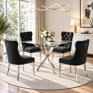 36 Inch Square Glass 5 Piece Dining Set with Black Velvet Chairs Silver Base - Zemorn