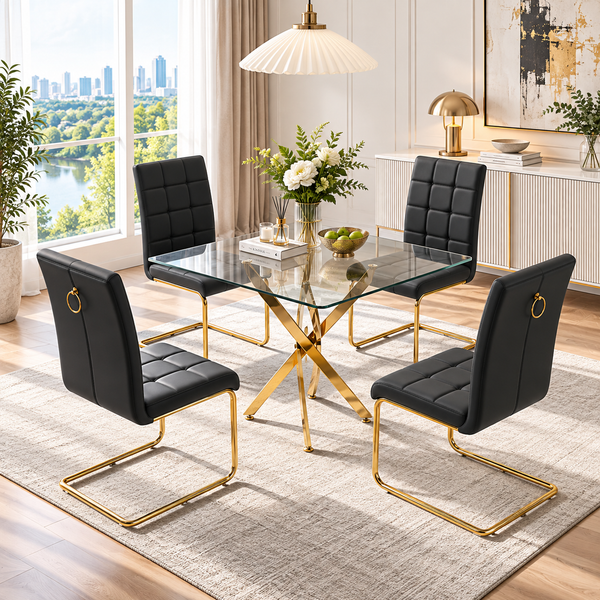 36 Inch Square Glass 5 Piece Dining Set with Tall Gray Faux Leather Chairs Gold Base - Zemorn