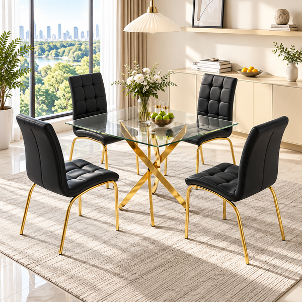 36 Inch Square Glass 5 Piece Dining Set with Slim Black Faux Leather Chairs Gold Base - Zemorn