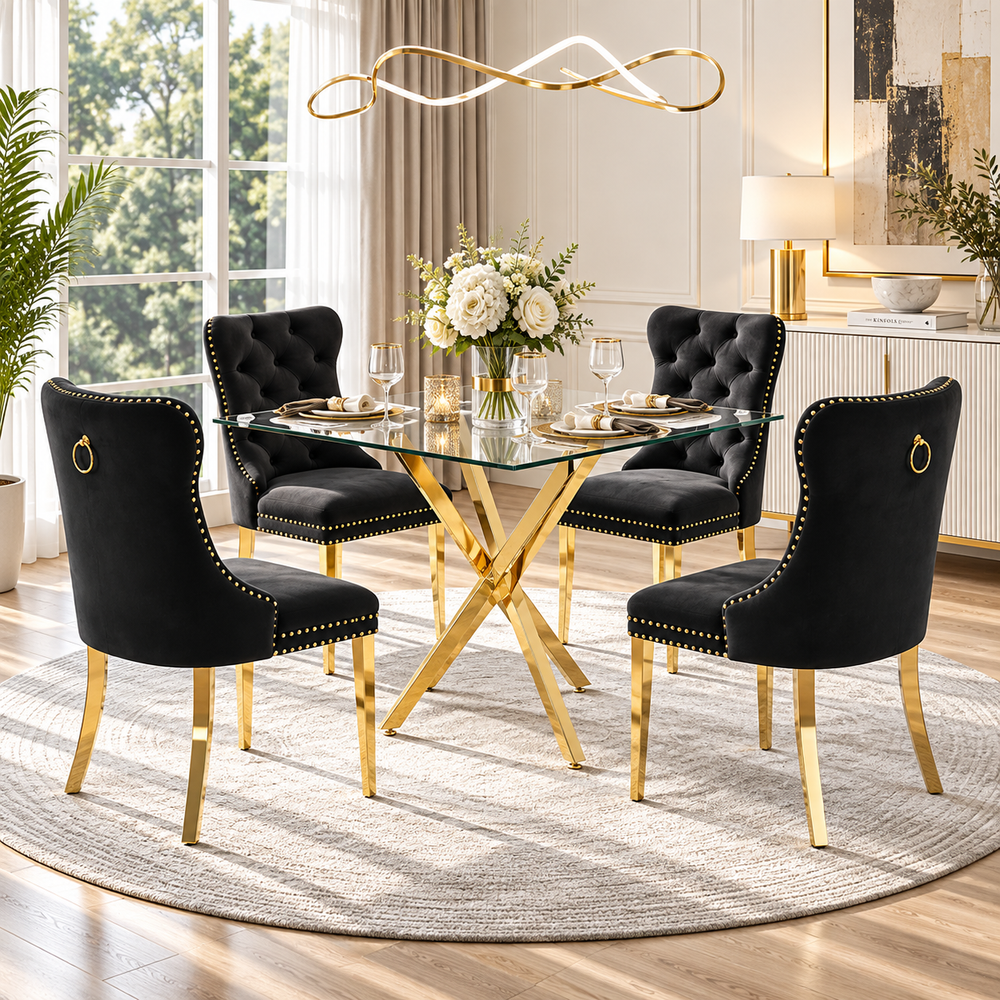 Glam 36 Inch 5 Piece Glass Dining Set Button Tufted Black Velvet Chairs, Gold Base - Zemorn