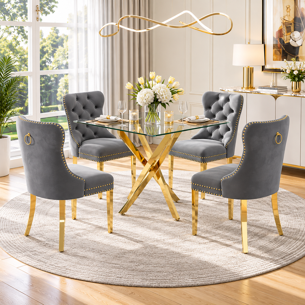 36 Inch Square Glass 5 Piece Dining Set with Gray Velvet Chairs Gold Base - Zemorn