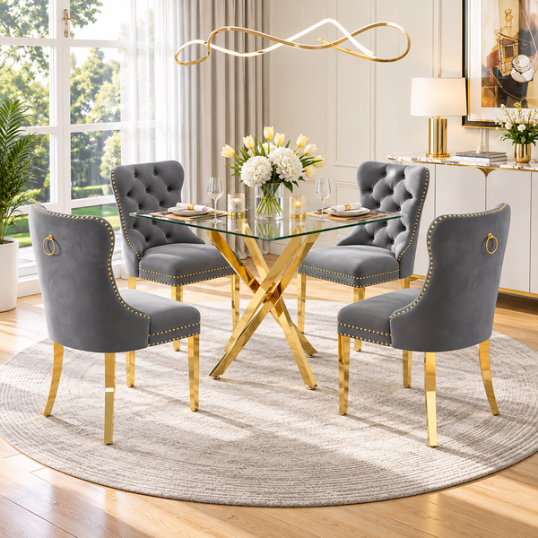 36 Inch Square Glass 5 Piece Dining Set with Gray Velvet Chairs Gold Base - Zemorn