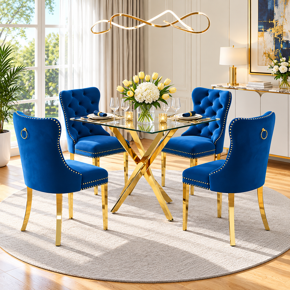 36 Inch Square Glass 5 Piece Dining Set with Blue Velvet Chairs Gold Base - Zemorn