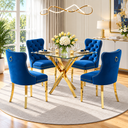 36 Inch Square Glass 5 Piece Dining Set with Blue Velvet Chairs Gold Base - Zemorn