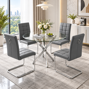 Crystal 36 Inch 5 Piece Glass Dining Set Tall Gray Faux Leather Chairs, Silver Base - Zemorn