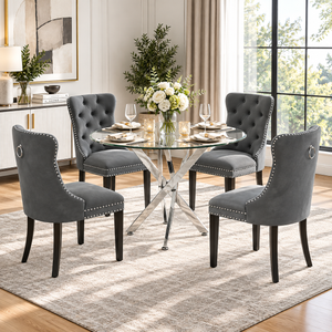 Crystal 36 Inch 5 Piece Glass Dining Set Wood Frame Gray Velvet Chairs, Silver Base - Zemorn