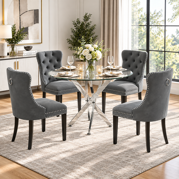 Crystal 36 Inch 5 Piece Glass Dining Set Wood Frame Gray Velvet Chairs, Silver Base - Zemorn