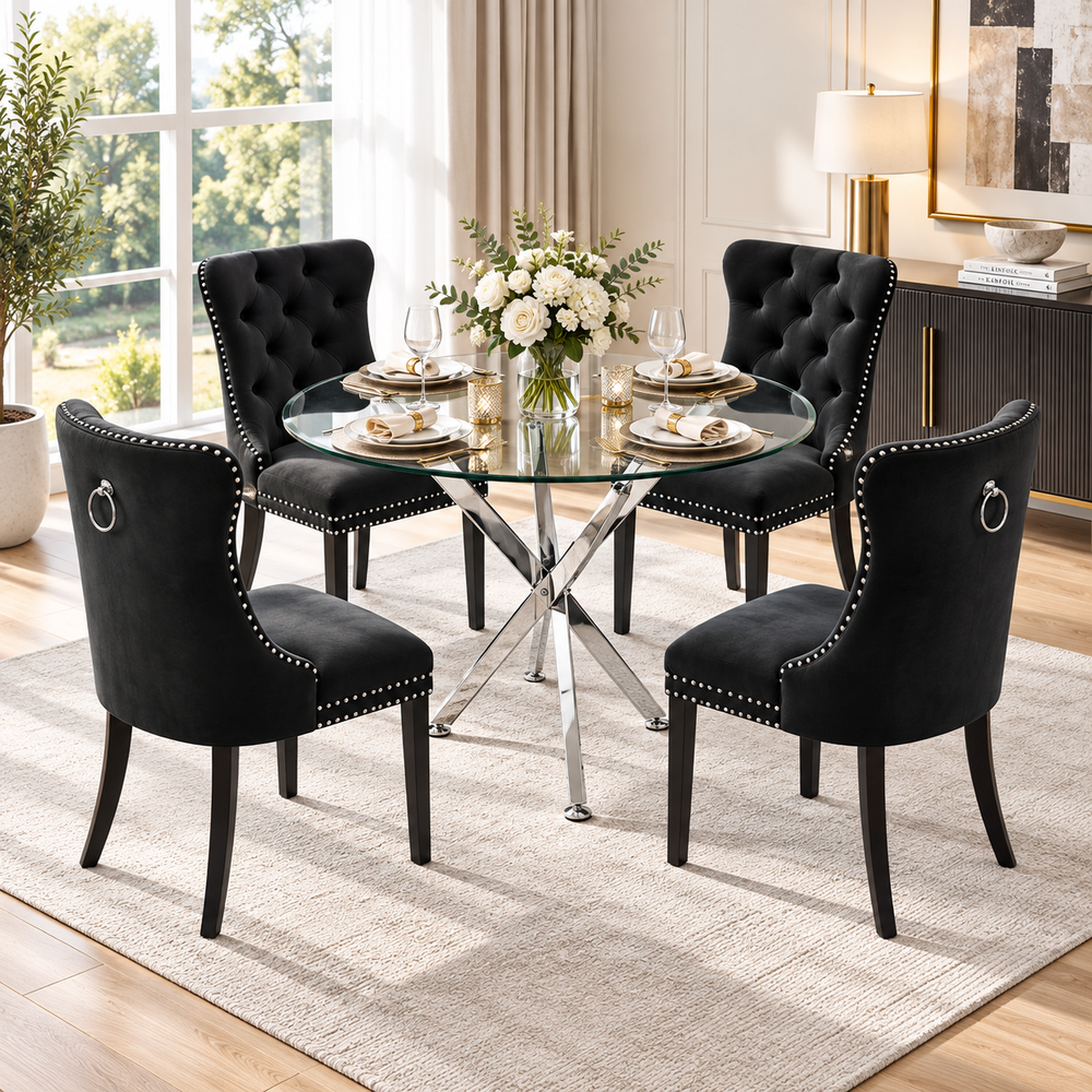 Crystal 36 Inch 5 Piece Glass Dining Set Wood Frame Black Velvet Chairs, Silver Base - Zemorn