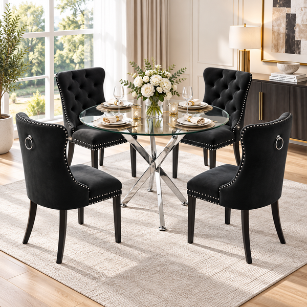 Crystal 36 Inch 5 Piece Glass Dining Set Wood Frame Black Velvet Chairs, Silver Base - Zemorn