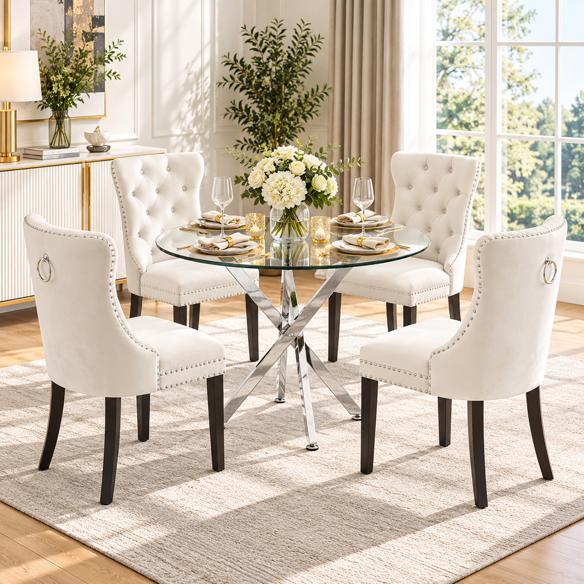 Crystal 36 Inch 5 Piece Glass Dining Set Wood Frame White Velvet Chairs, Silver Base - Zemorn