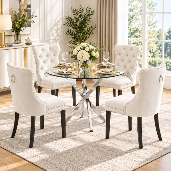 Crystal 36 Inch 5 Piece Glass Dining Set Wood Frame White Velvet Chairs, Silver Base - Zemorn