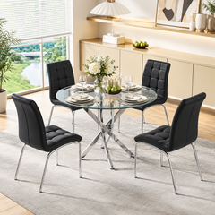 36 Inch Round Glass 5 Piece Dining Set with Slim Black Faux Leather Chairs Silver Base - Zemorn