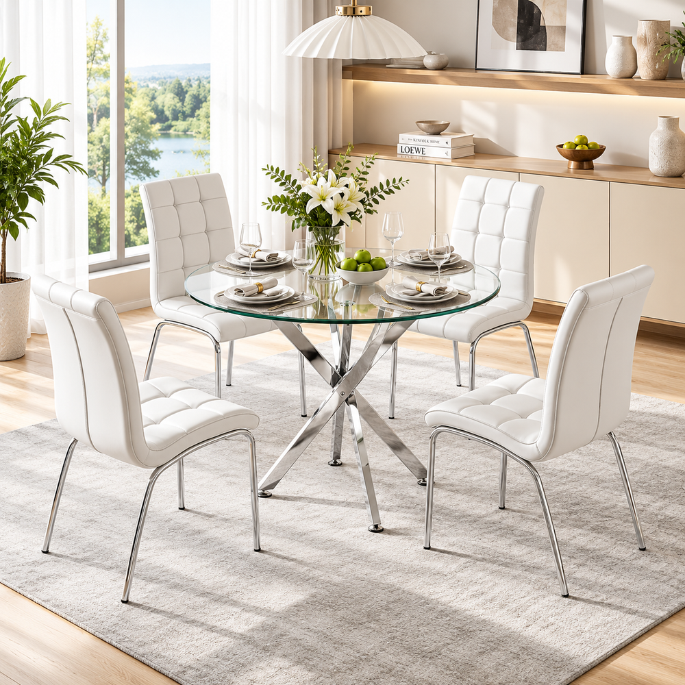Crystal 36 Inch 5 Piece Glass Dining Set Slim White Faux Leather Chairs, Silver Base - Zemorn