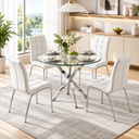 Crystal 36 Inch 5 Piece Glass Dining Set Slim White Faux Leather Chairs, Silver Base - Zemorn