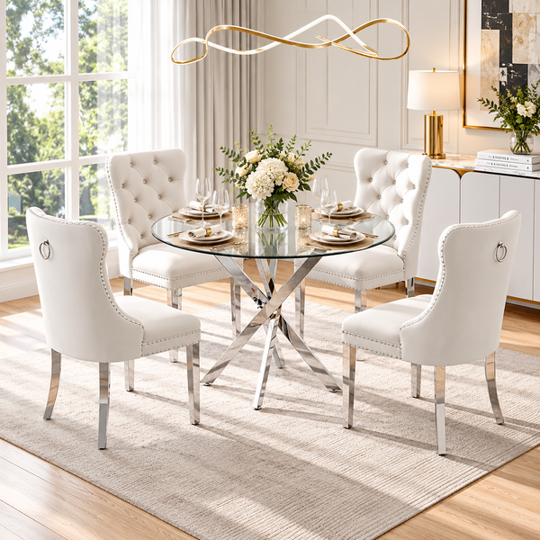 36 Inch Round Glass 5 Piece Dining Set with White Velvet Chairs Silver Base - Zemorn