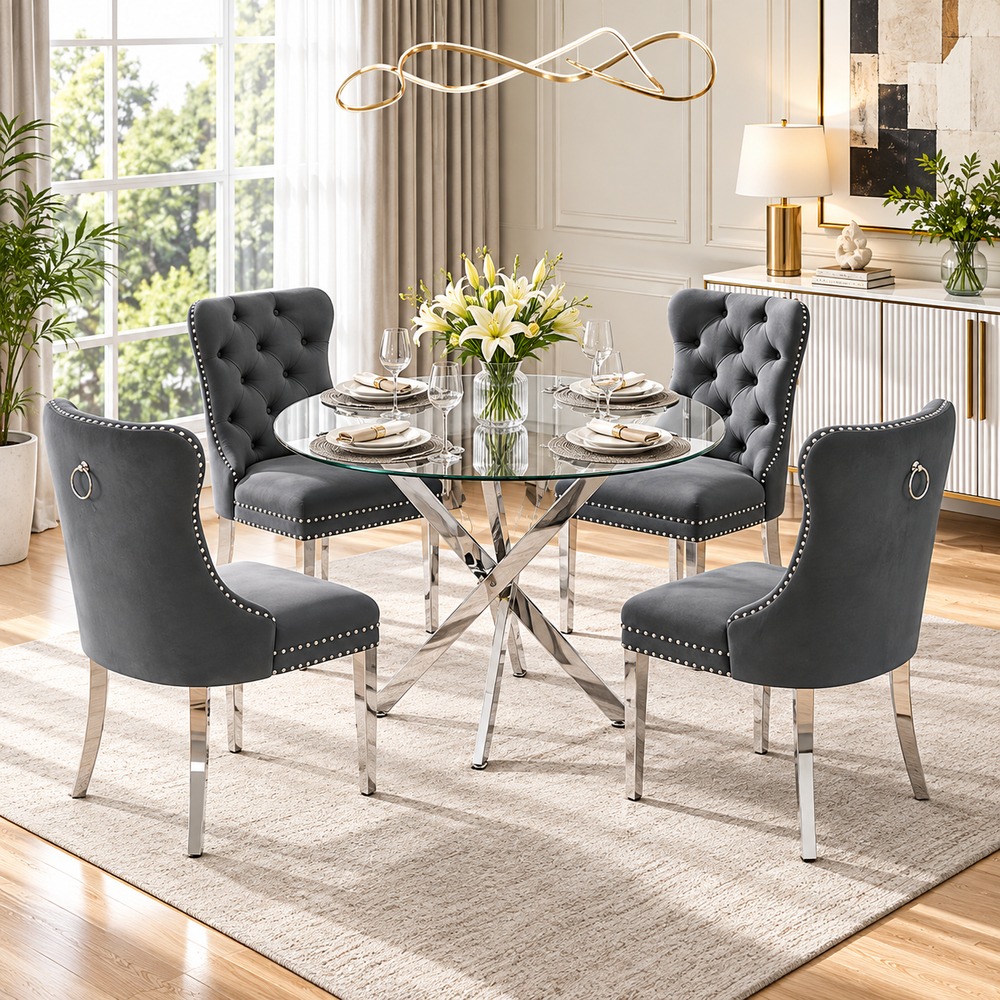 36 Inch Round Glass 5 Piece Dining Set with Gray Velvet Chairs Silver Base - Zemorn