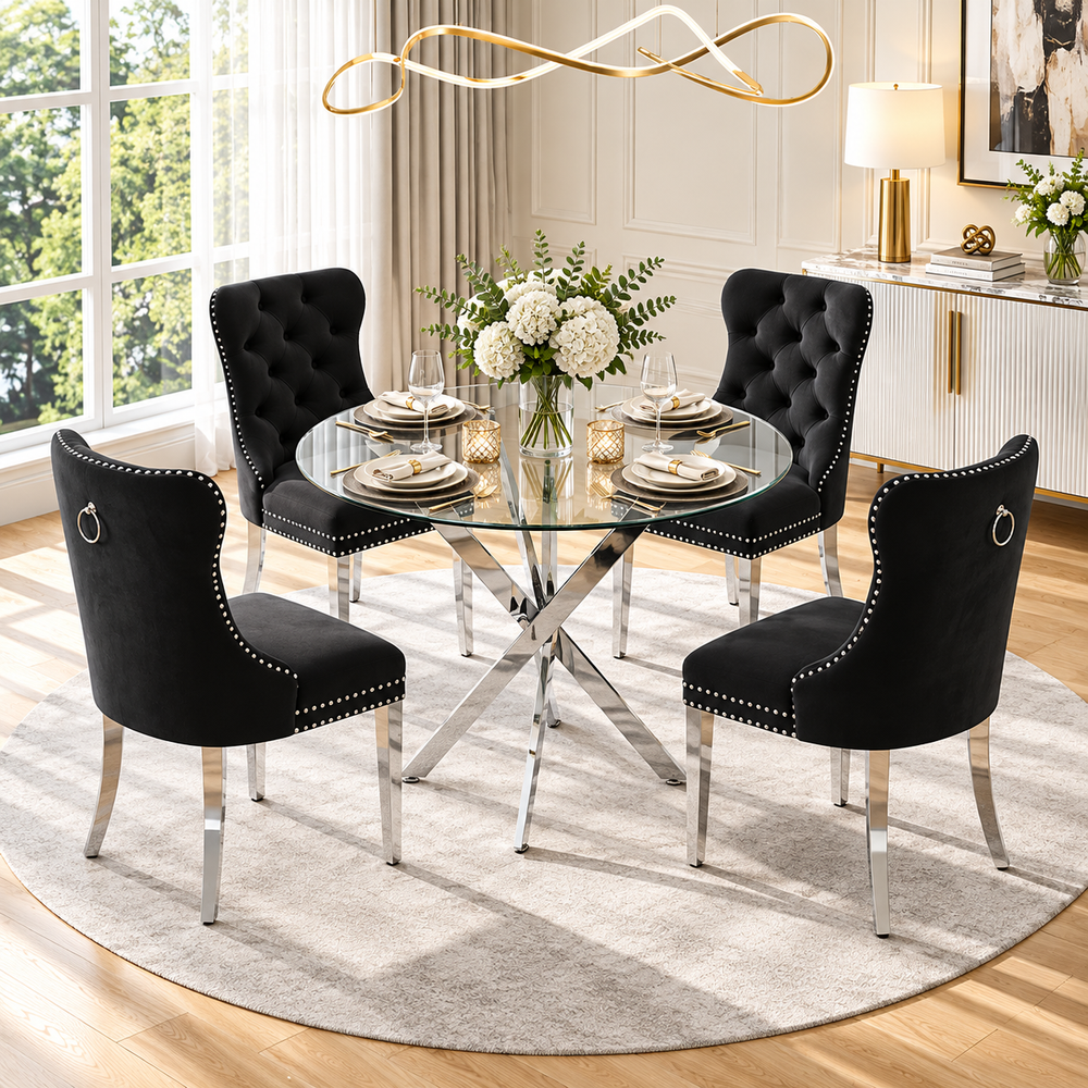 36 Inch Round Glass 5 Piece Dining Set with Black Velvet Chairs Silver Base - Zemorn