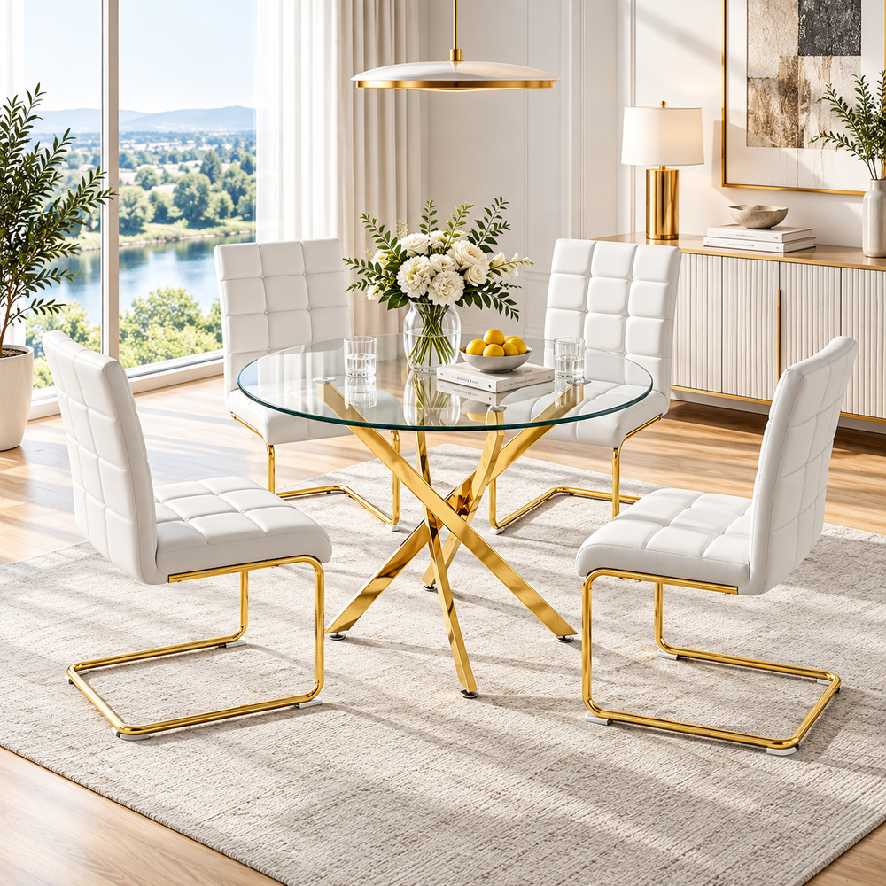 Crystal 36 Inch 5 Piece Glass Dining Set Tall White Faux Leather Chairs, Gold Base - Zemorn