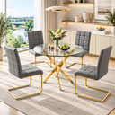 36 Inch Round Glass 5 Piece Dining Set with Tall Gray Faux Leather Chairs Gold Base - Zemorn