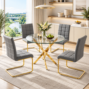 36 Inch Round Glass 5 Piece Dining Set with Tall Gray Faux Leather Chairs Gold Base - Zemorn