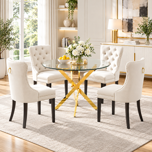 Crystal 36 Inch 5 Piece Glass Dining Set Wood Frame White Velvet Chairs, Gold Base - Zemorn