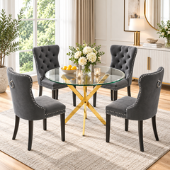 Crystal 36 Inch 5 Piece Glass Dining Set Wood Frame Gray Velvet Chairs, Gold Base - Zemorn