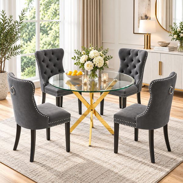 Crystal 36 Inch 5 Piece Glass Dining Set Wood Frame Gray Velvet Chairs, Gold Base - Zemorn