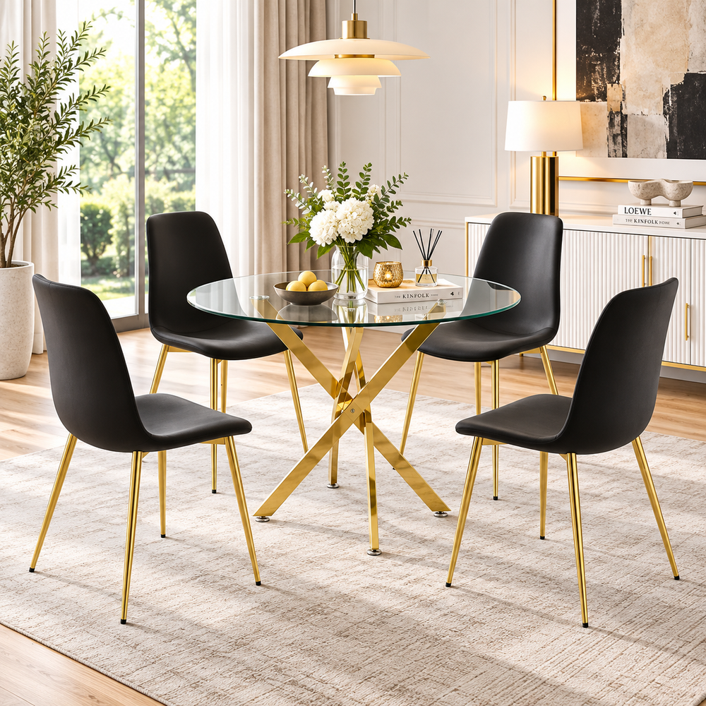 Crystal 36 Inch 5 Piece Glass Dining Set Compact Black Velvet Chairs, Gold Base - Zemorn