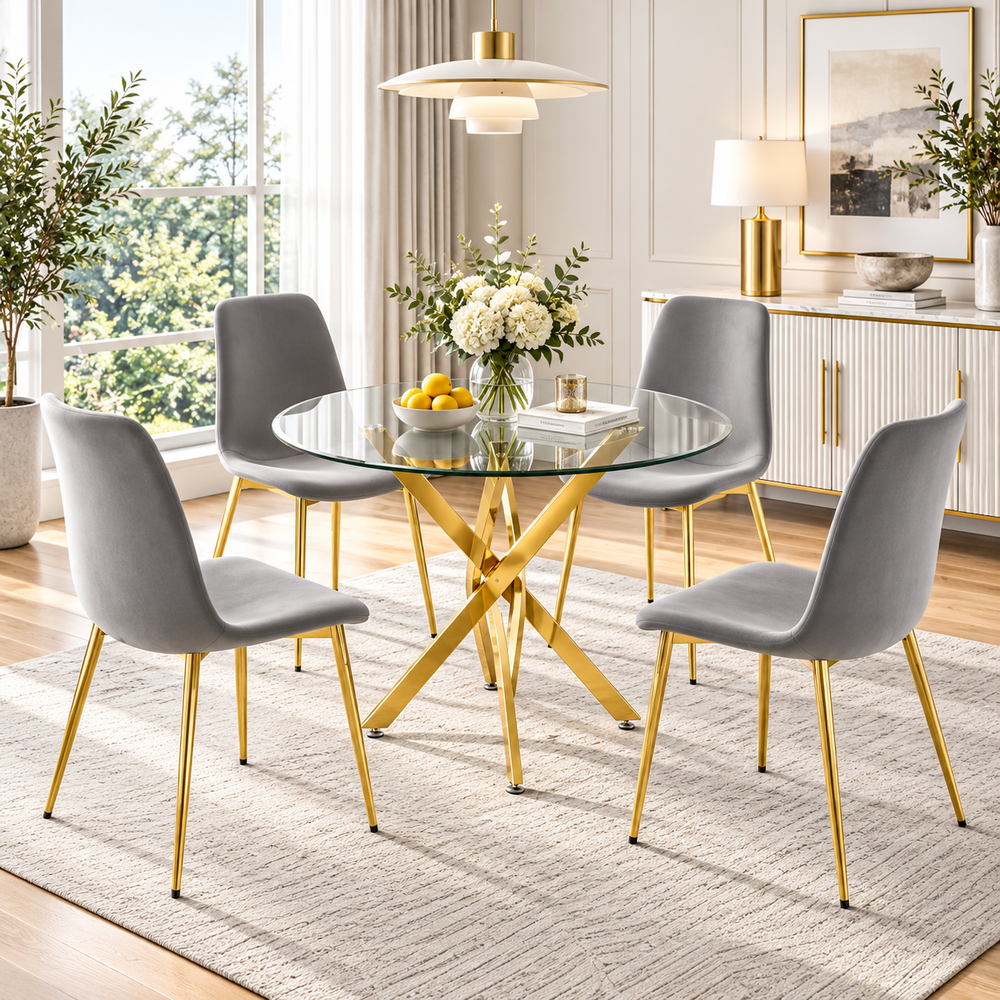 Crystal 36 Inch 5 Piece Glass Dining Set Compact Gray Velvet Chairs, Gold Base - Zemorn