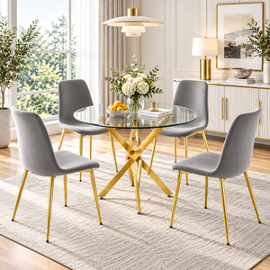 Crystal 36 Inch 5 Piece Glass Dining Set Compact Gray Velvet Chairs, Gold Base - Zemorn