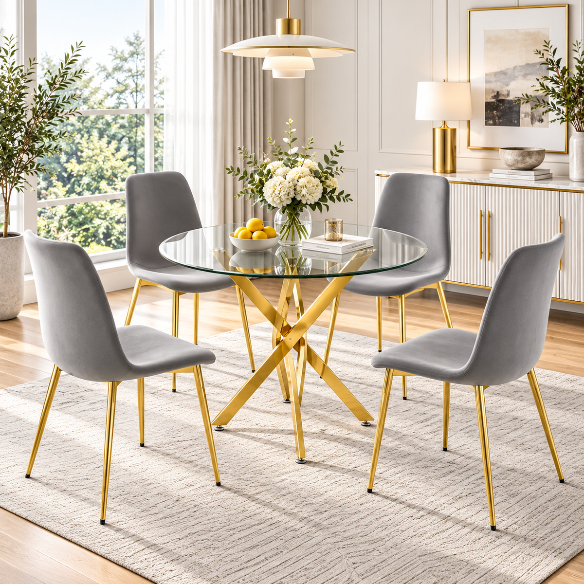 Crystal 36 Inch 5 Piece Glass Dining Set Compact Gray Velvet Chairs, Gold Base - Zemorn