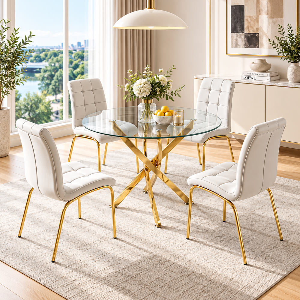 Crystal 36 Inch 5 Piece Glass Dining Set Slim White Faux Leather Chairs, Gold Base - Zemorn