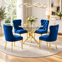 36 Inch Round Glass 5 Piece Dining Set with Blue Velvet Chairs Gold Base - Zemorn