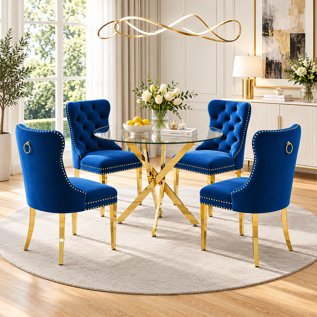 36 Inch Round Glass 5 Piece Dining Set with Blue Velvet Chairs Gold Base - Zemorn