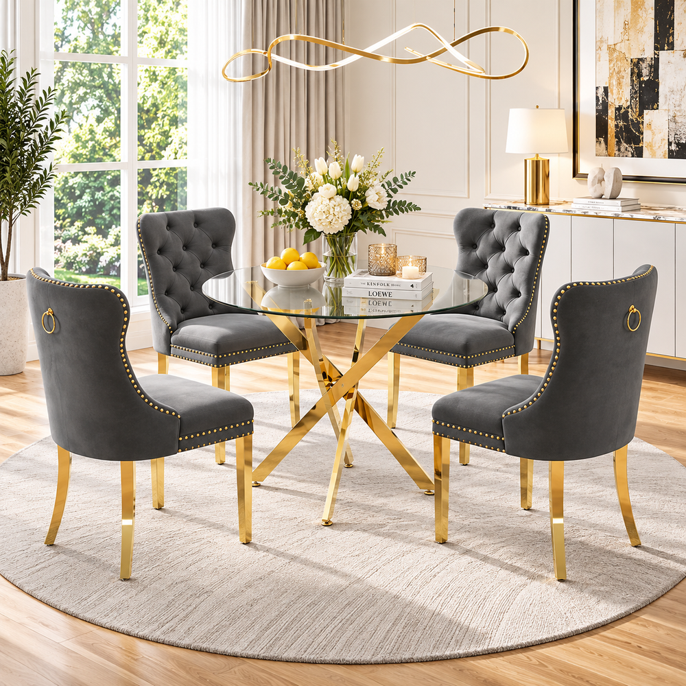 36 Inch Round Glass 5 Piece Dining Set with Gray Velvet Chairs Gold Base - Zemorn
