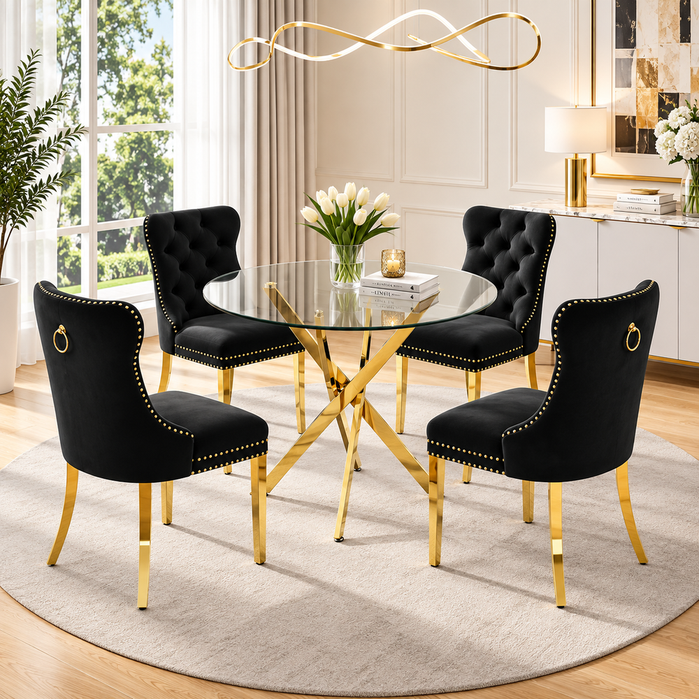 Crystal 36 Inch 5 Piece Round Glass Dining Set Black Velvet Chairs, Gold Base - Zemorn