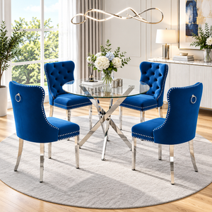 Crystal 36 Inch 5 Piece Glass Dining Set Blue Velvet Chairs, Silver Base - Zemorn