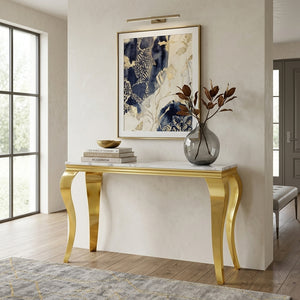 #White/Gold 47 Inch White MDF Console Table with Metal Base Detail View