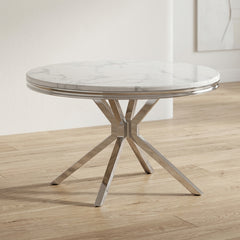 #White/Silver LuxeWood 47 Inch Round MDF Dining Table with Metal Base, Seats 4 Detail View