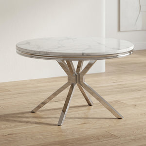 #White/Silver LuxeWood 47 Inch Round MDF Dining Table with Metal Base, Seats 4 Detail View