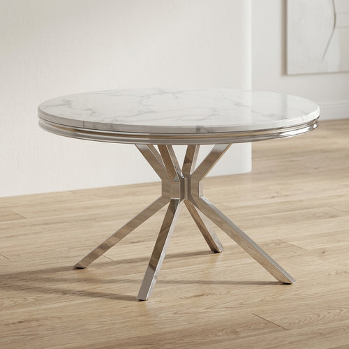 #White/Silver LuxeWood 47 Inch Round MDF Dining Table with Metal Base, Seats 4 Detail View