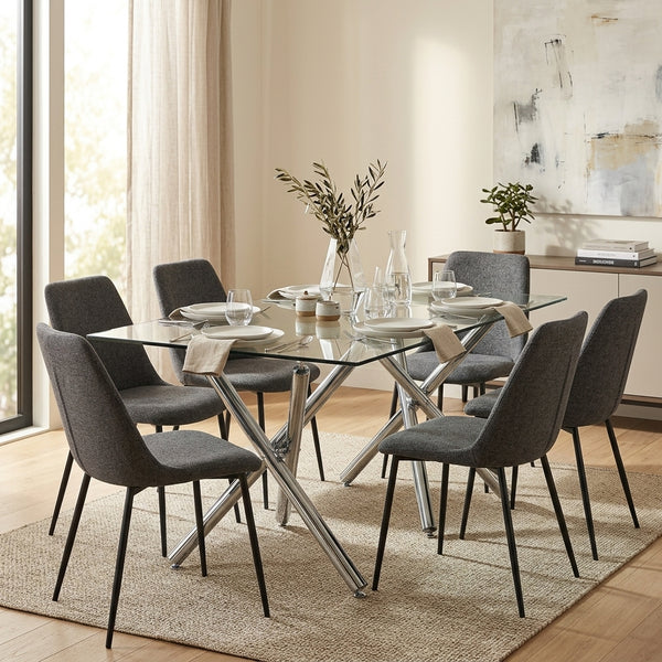 #Silver Crystal 63 Inch Tempered Glass Dining Table with V Leg Metal Base, Seats 6 View 8